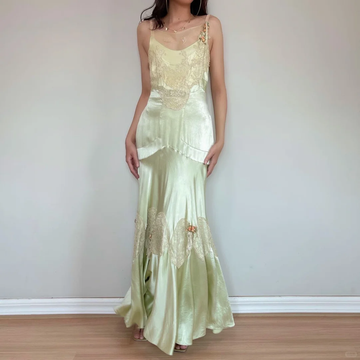 Vintage Mermaid Spaghetti Strap Lace Green Satin Long Prom Dress Evening Dress HZ1023